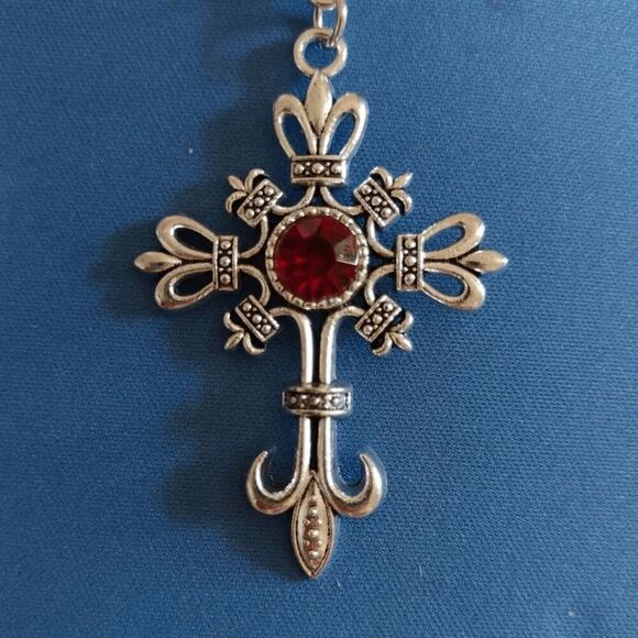 Stainless Steel Ruby Cross Unisex Pendant Necklace - Picture 6 of 8